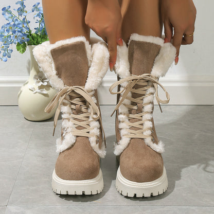 Chunky Heels Plush Lace-up Boots