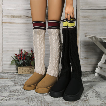 Winter Over-the-knee Boots With Long Knitted Sock Design Fashion Flat Thick-soled Shoes