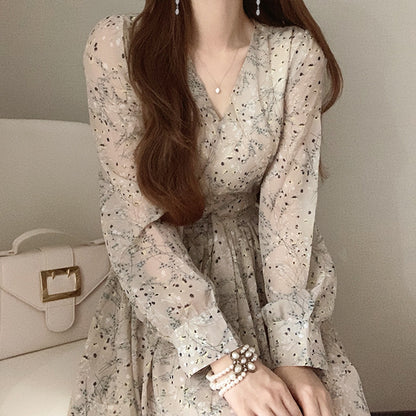 Floral lace up high waist V-Neck long sleeve dress