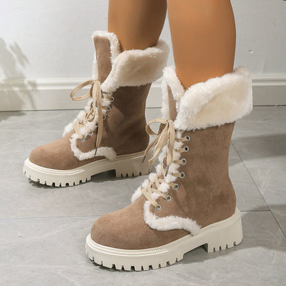 Chunky Heels Plush Lace-up Boots
