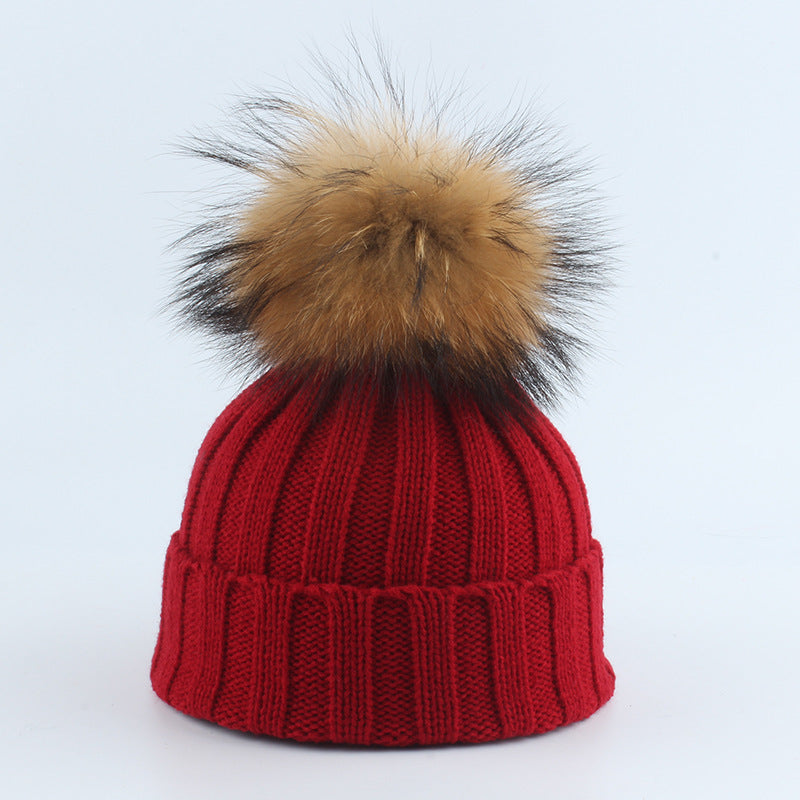 Parent-Child Children Raccoon Dog Fur Ball Hat Thermal Knitting