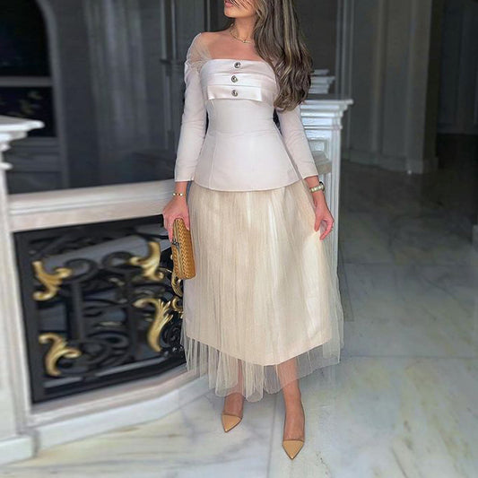 Diagonal Shoulder Lace Mesh Skirt Suit