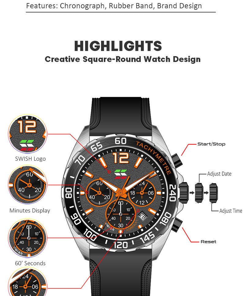Quartz Watch Clock Six-pin Timing Sports Wrist