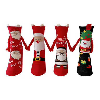 Christmas Magnetic Socks Cute Elk Santa Claus Snowman Hand-holding Socks For Couple