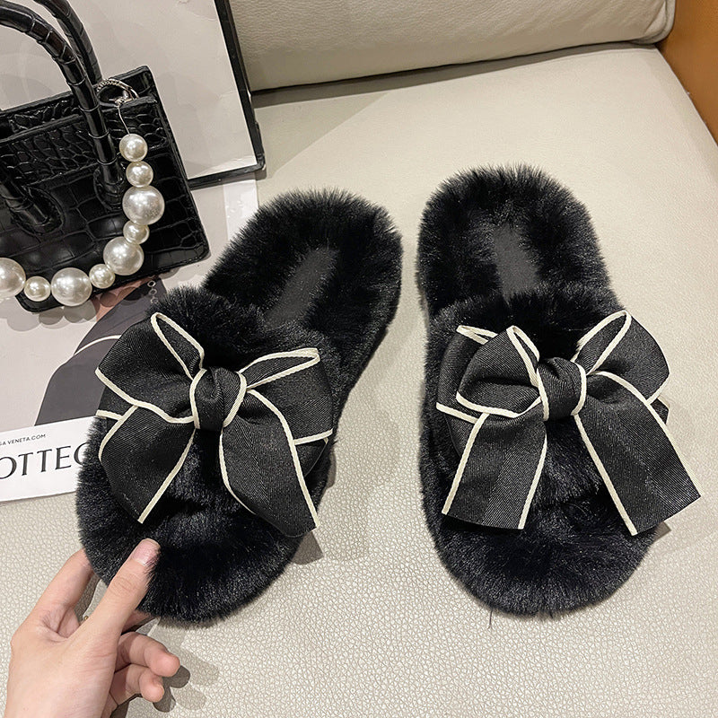 Cute Fashion Bowknot Plush Flat Slippers