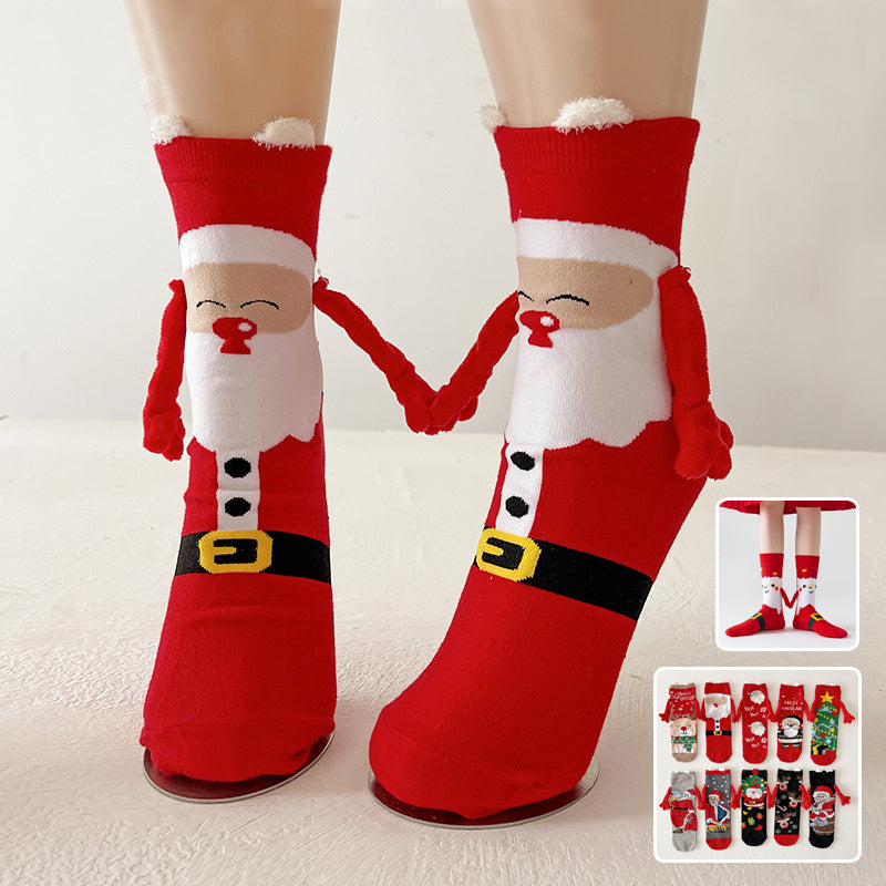 Christmas Magnetic Socks Cute Elk Santa Claus Snowman Hand-holding Socks For Couple