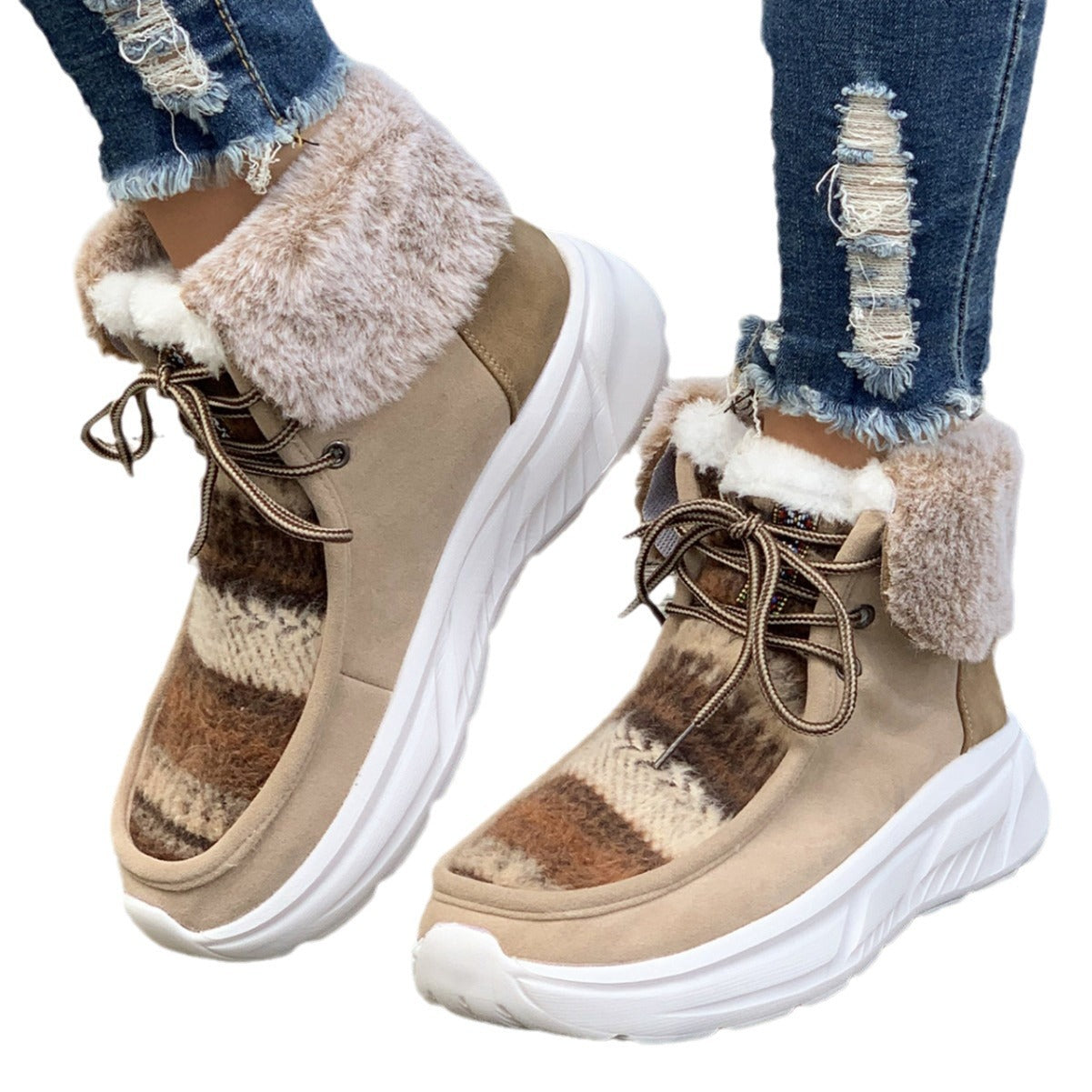 Women's Fuzzy Mied-color Soft Sole Platform Thermal Lined Snow Boots