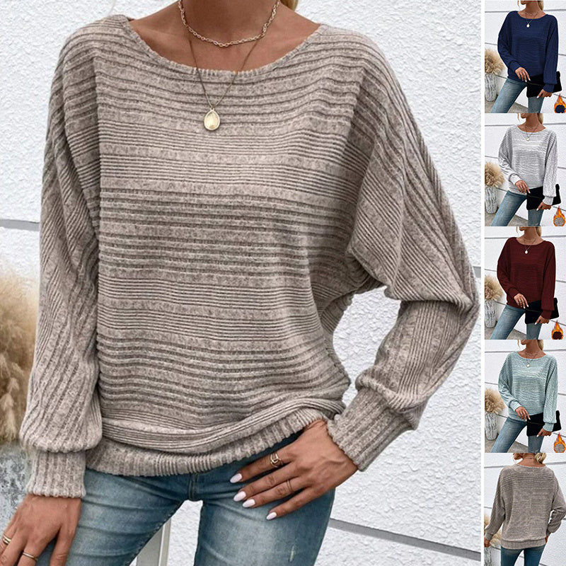Casual Pullover Solid Striped Batwing Sleeves