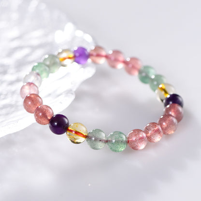 Natural Strawberry Quartz Round Beads Single Circle Bracelet Rainbow Color