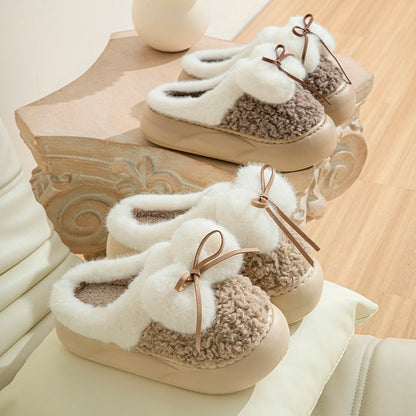 Female Non-slip Plus Velvet Platform Bow Cotton Slippers