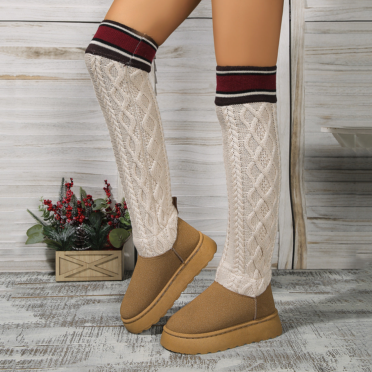 Winter Over-the-knee Boots With Long Knitted Sock Design Fashion Flat Thick-soled Shoes