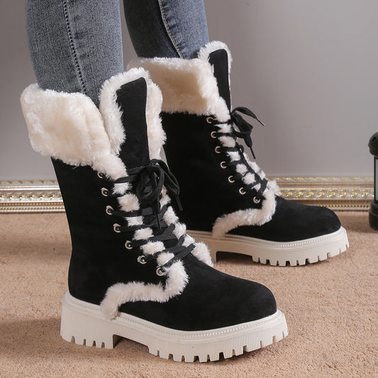 Chunky Heels Plush Lace-up Boots