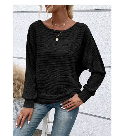 Casual Pullover Solid Striped Batwing Sleeves