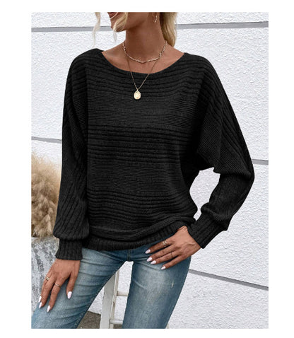 Casual Pullover Solid Striped Batwing Sleeves