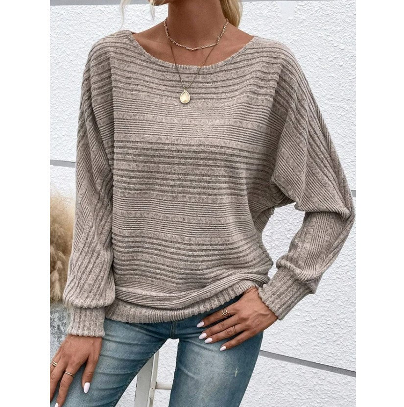 Casual Pullover Solid Striped Batwing Sleeves