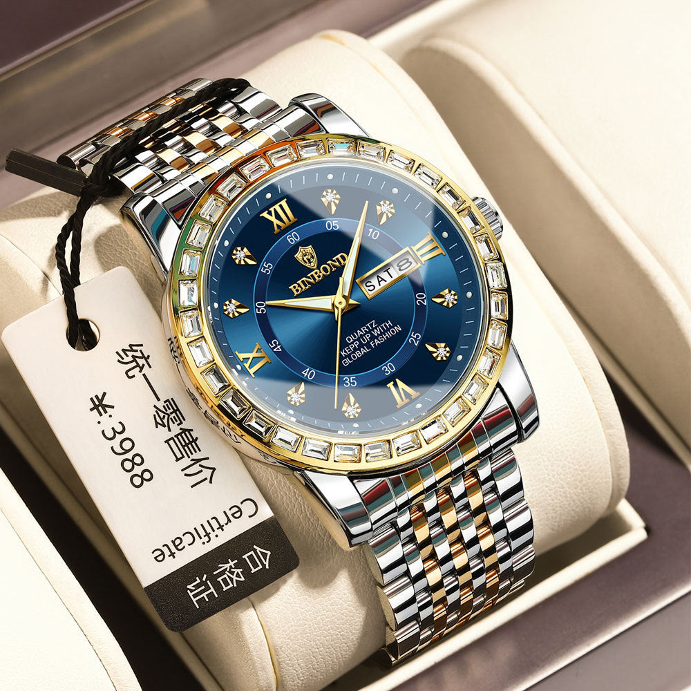 Luminous Diamond-embedded Mechanical Watch Double Calendar Waterproof