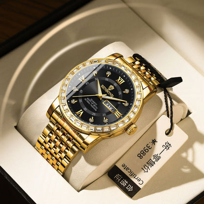 Luminous Diamond-embedded Mechanical Watch Double Calendar Waterproof