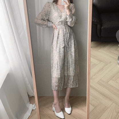 Floral lace up high waist V-Neck long sleeve dress