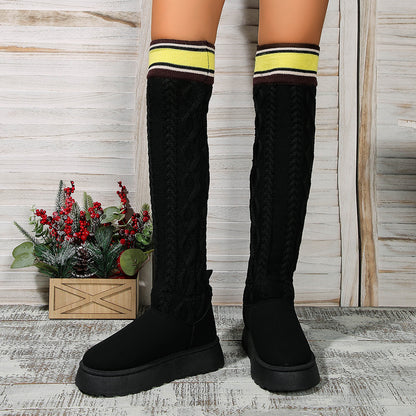 Winter Over-the-knee Boots With Long Knitted Sock Design Fashion Flat Thick-soled Shoes