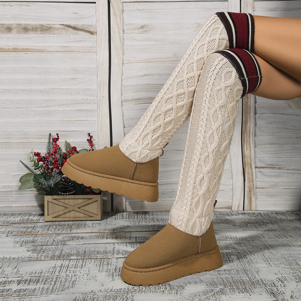 Winter Over-the-knee Boots With Long Knitted Sock Design Fashion Flat Thick-soled Shoes