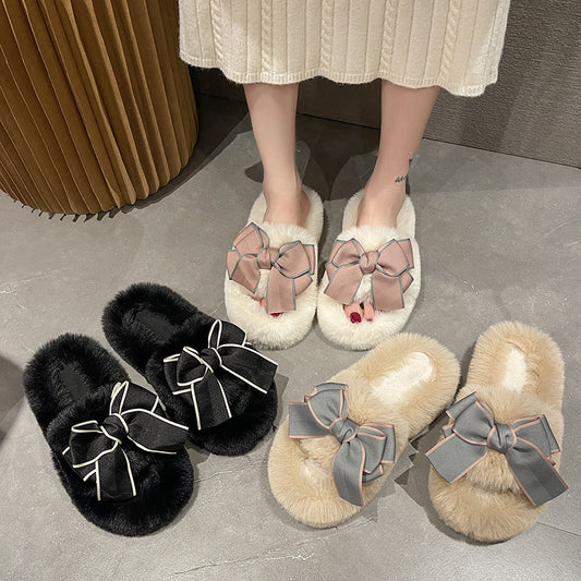 Cute Fashion Bowknot Plush Flat Slippers