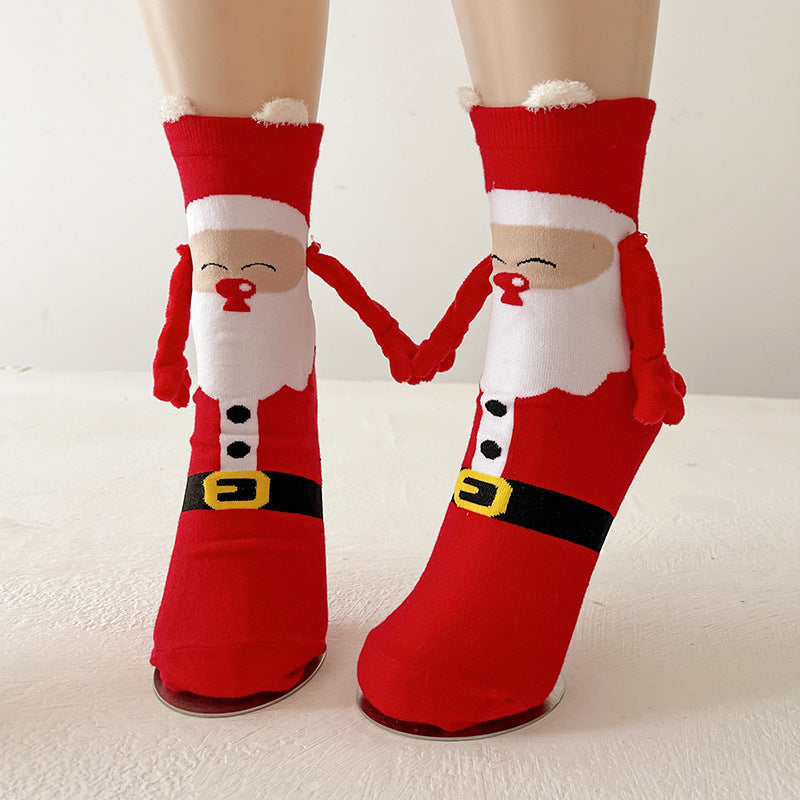 Christmas Magnetic Socks Cute Elk Santa Claus Snowman Hand-holding Socks For Couple