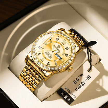 Luminous Diamond-embedded Mechanical Watch Double Calendar Waterproof