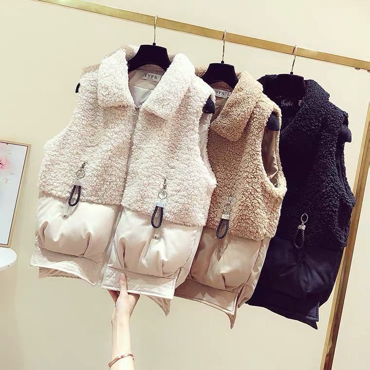 Winter New Polo Collar Lamb Wool Vest Women's Short Korean Style