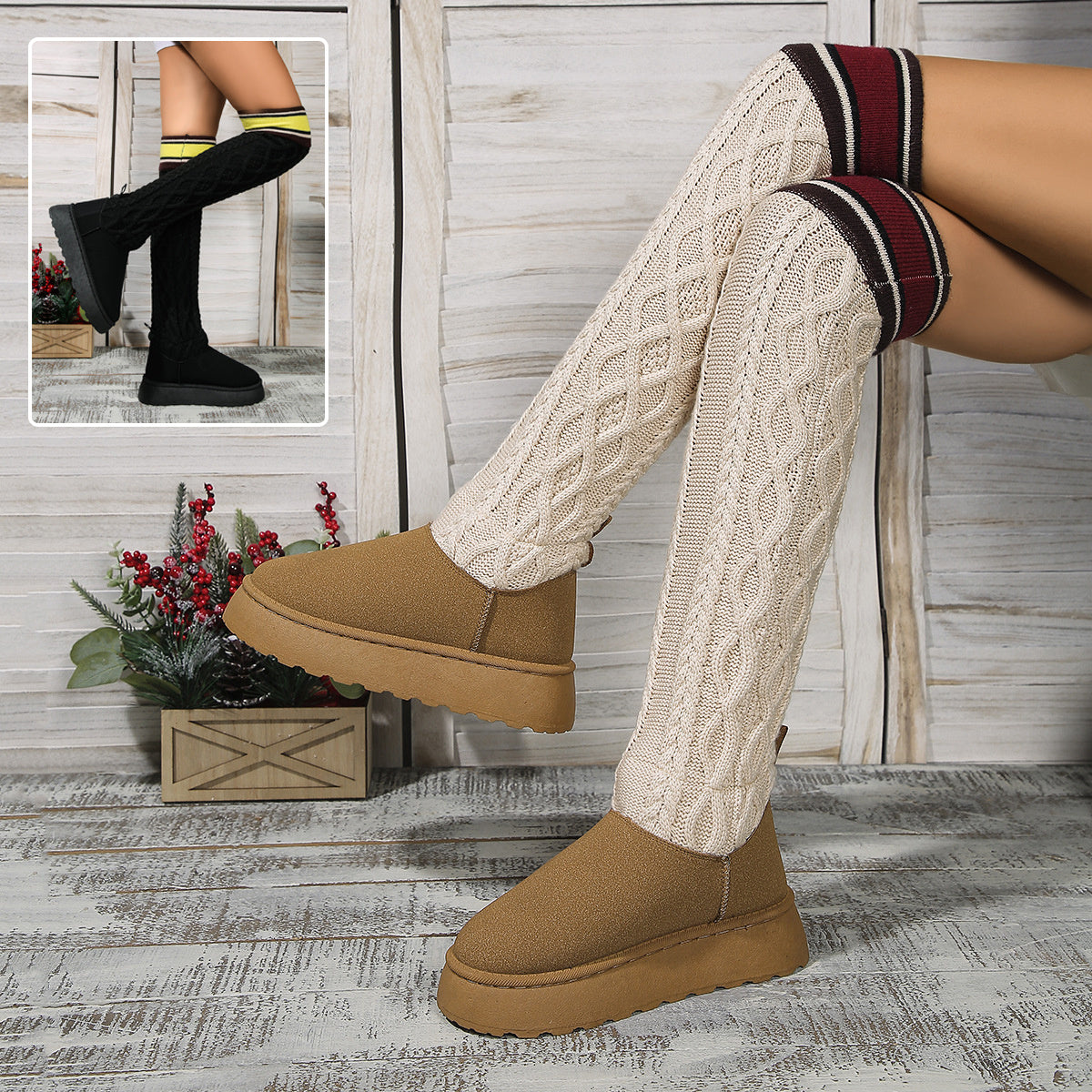 Winter Over-the-knee Boots With Long Knitted Sock Design Fashion Flat Thick-soled Shoes