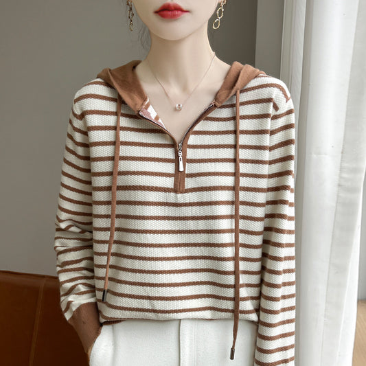 Striped Hooded Long-sleeved Knitted Sweater