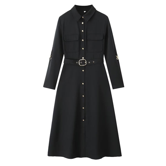 Belted Patch Pocket Lapel Long Sleeve A- Line Dress