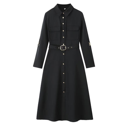 Belted Patch Pocket Lapel Long Sleeve A- Line Dress