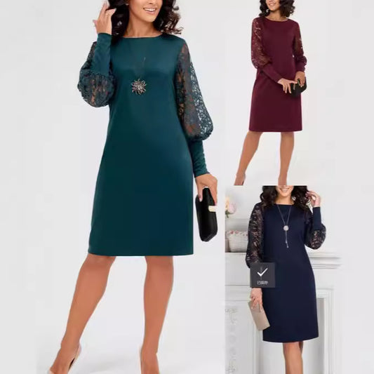 Round Neck Long Sleeve Lace Sleeve Slim Fit Dress
