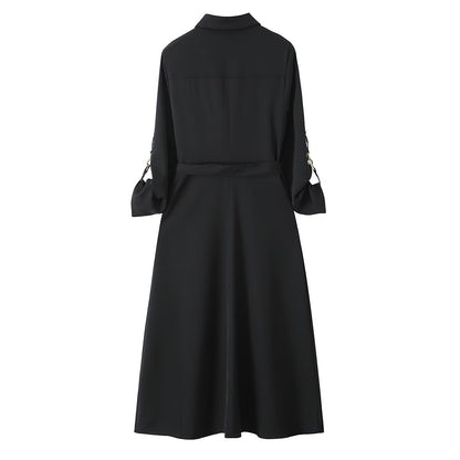 Belted Patch Pocket Lapel Long Sleeve A- Line Dress