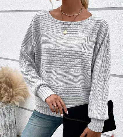 Casual Pullover Solid Striped Batwing Sleeves