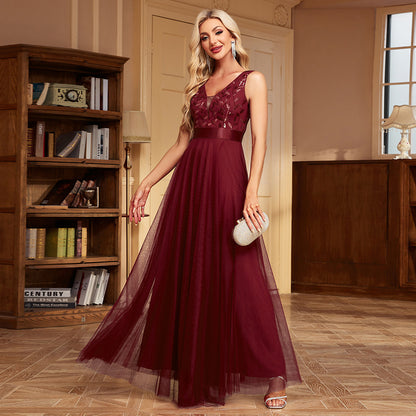 Sleeveless V-neck Evening  Dress Stretch Waist