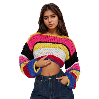 Rainbow Plaid Striped Long Sleeve Handmade Sweater