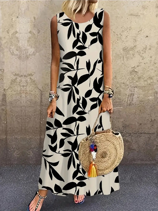 Summer Floral Print Round Neck Sleeveless Dress
