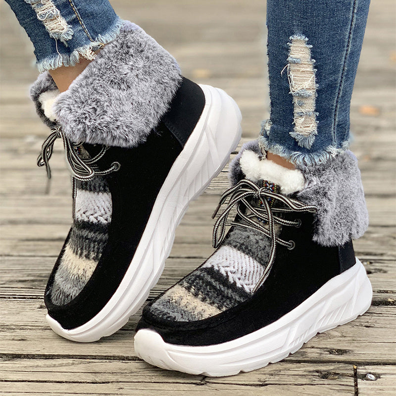 Women's Fuzzy Mied-color Soft Sole Platform Thermal Lined Snow Boots