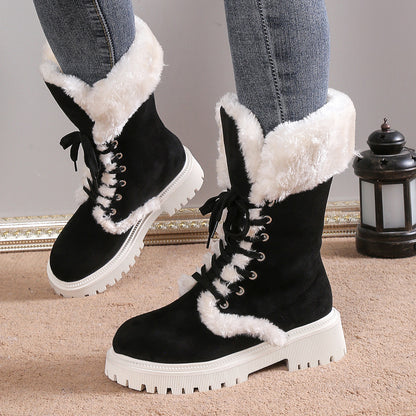 Chunky Heels Plush Lace-up Boots