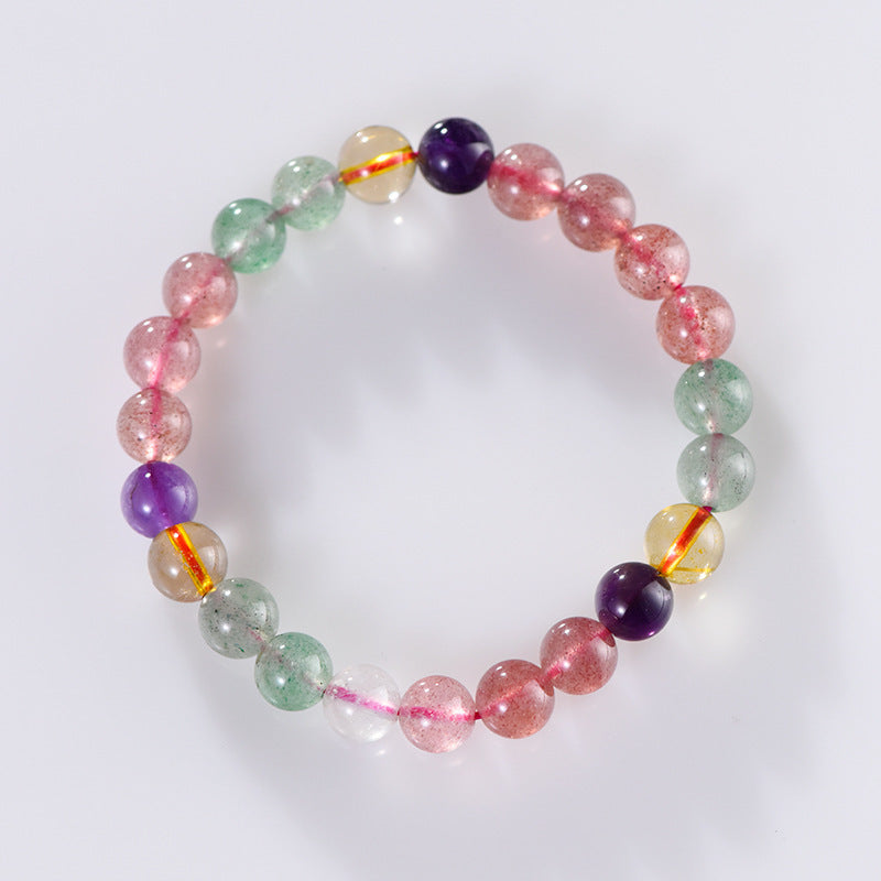 Natural Strawberry Quartz Round Beads Single Circle Bracelet Rainbow Color