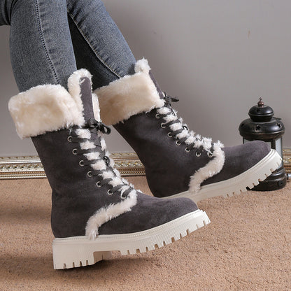 Chunky Heels Plush Lace-up Boots
