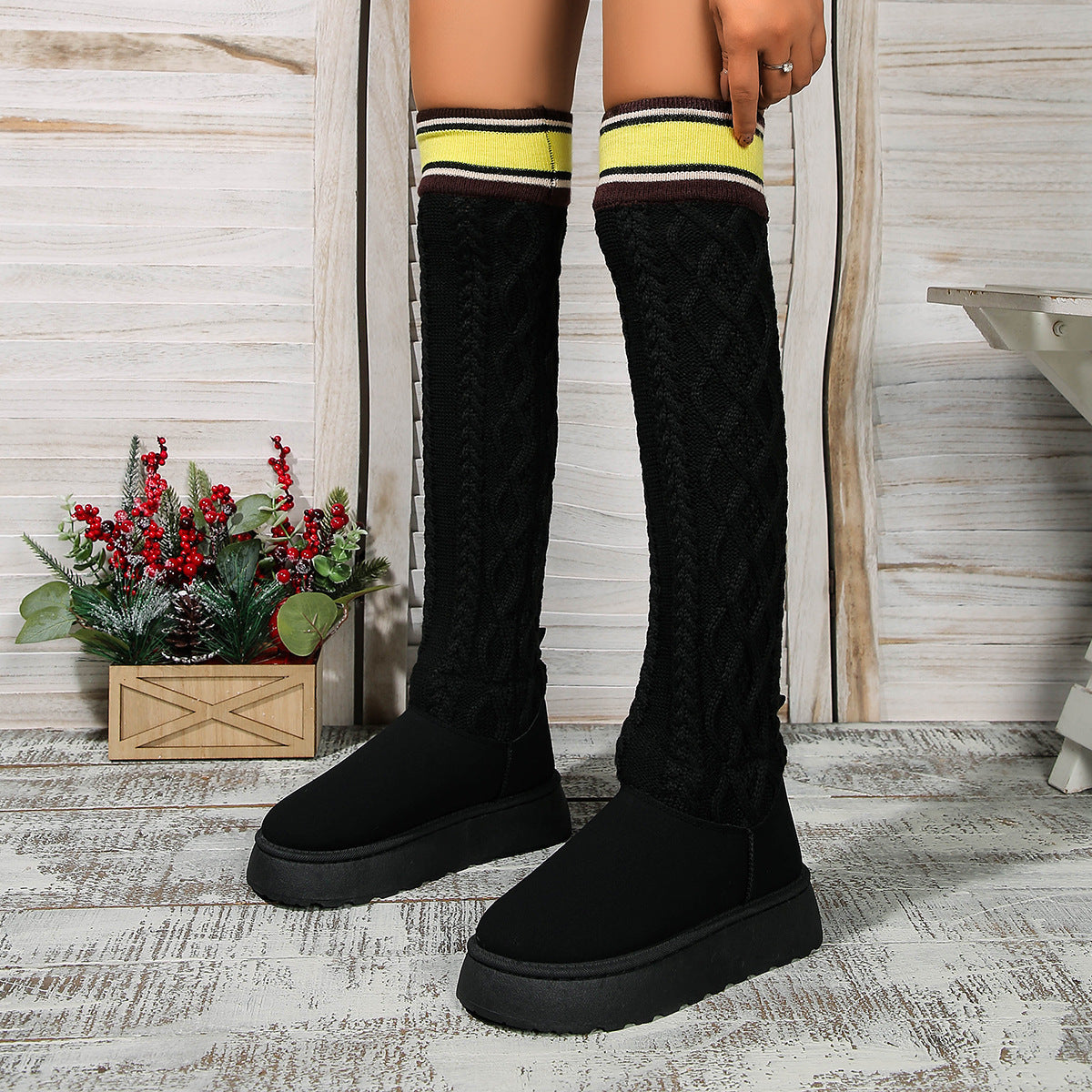 Winter Over-the-knee Boots With Long Knitted Sock Design Fashion Flat Thick-soled Shoes