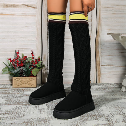 Winter Over-the-knee Boots With Long Knitted Sock Design Fashion Flat Thick-soled Shoes